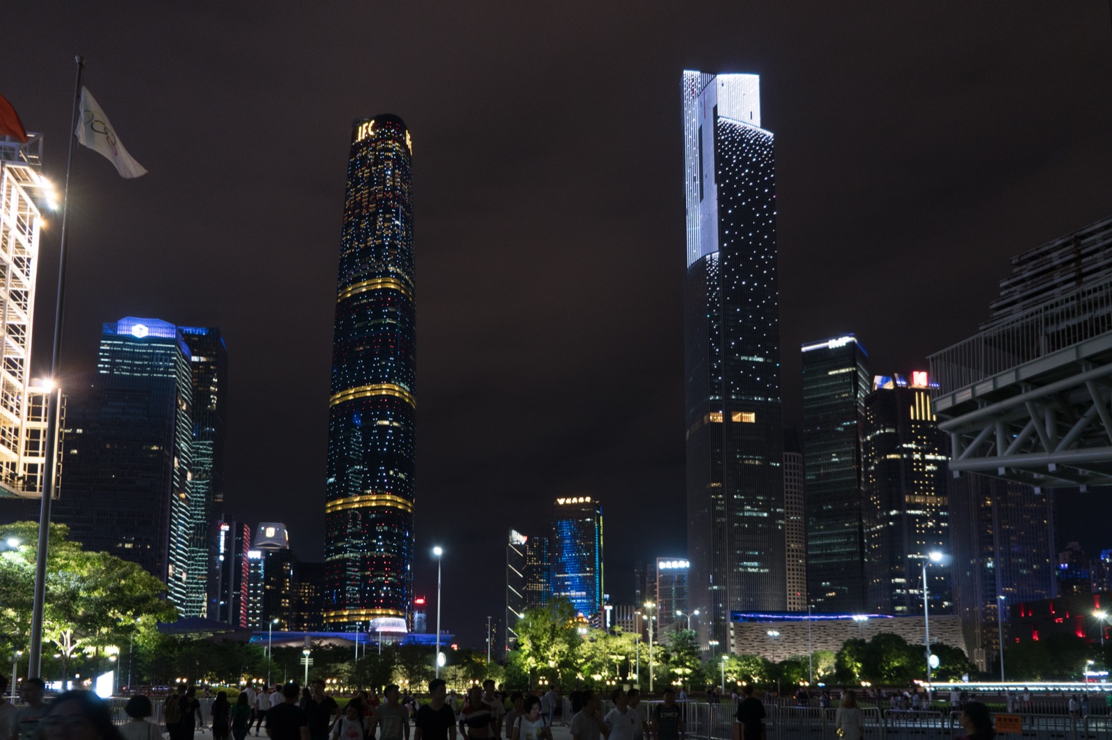 Guangzhou’s illuminated Zhujiang New Town central business district at night